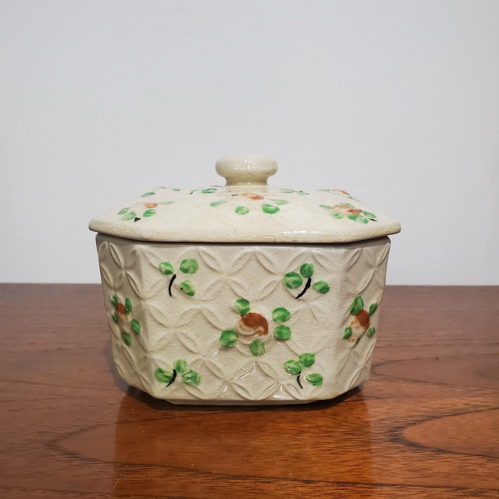 Vintage Moriyama Mori-Machi Ceramic Trinket Box Art Deco‎ Basketweave Lidded Jar